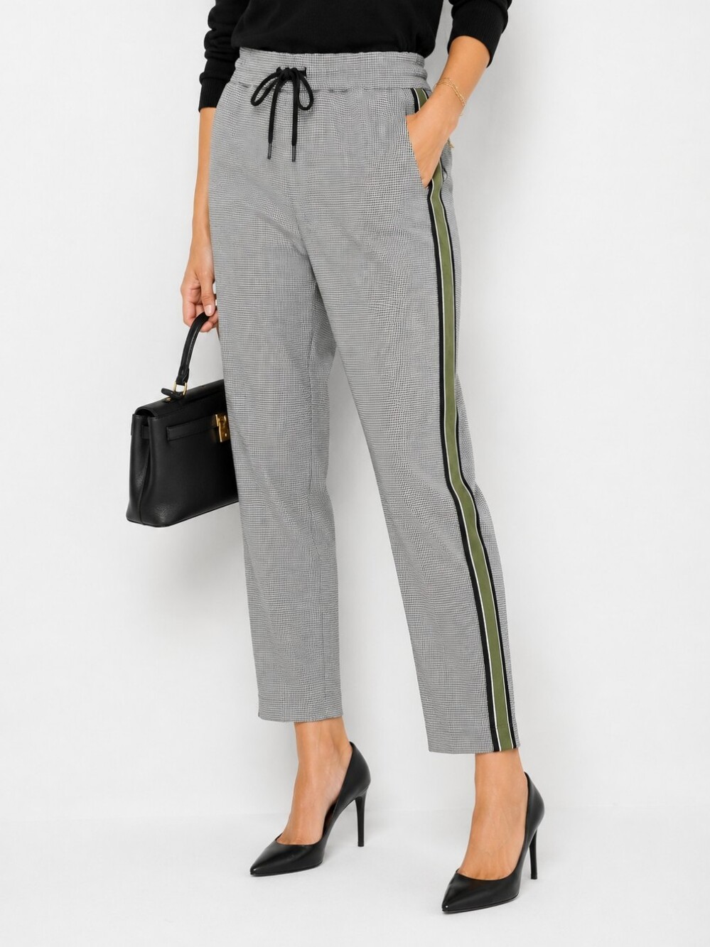 ME+EM Houndstooth Side Stripe Jogger Pants UK 10 Black White Pull On Ankle